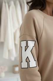 Amber ‘RKNE’ Oversized Raglan Letter Sleeve Sweatshirt Top-Stone