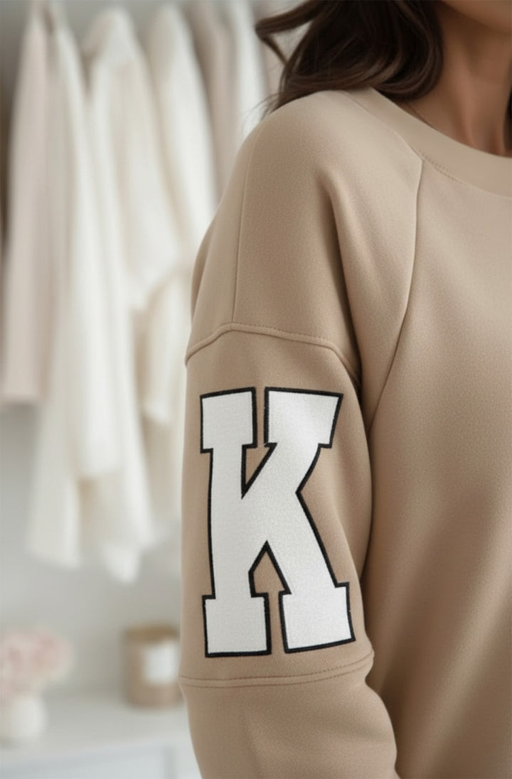 Amber ‘RKNE’ Oversized Raglan Letter Sleeve Sweatshirt Top-Stone
