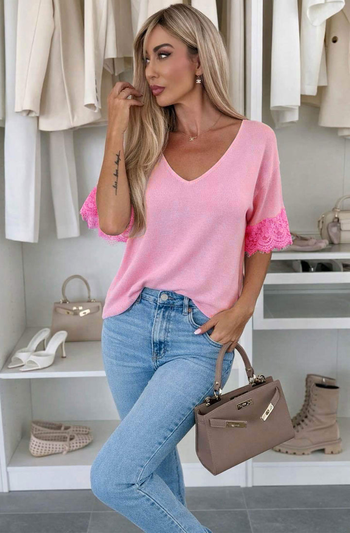 Amina Lightweight  V-Neck Lace Sleeve Knit Top