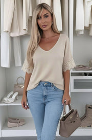 Amina Lightweight  V-Neck Lace Sleeve Knit Top-Stone