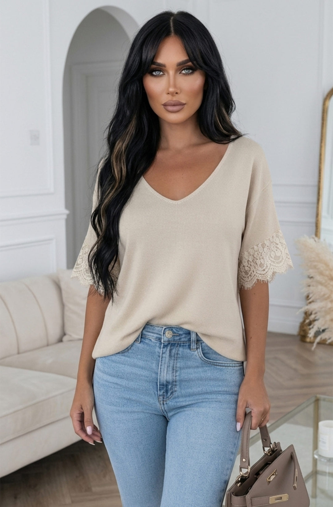 Amina Lightweight  V-Neck Lace Sleeve Knit Top - Stone