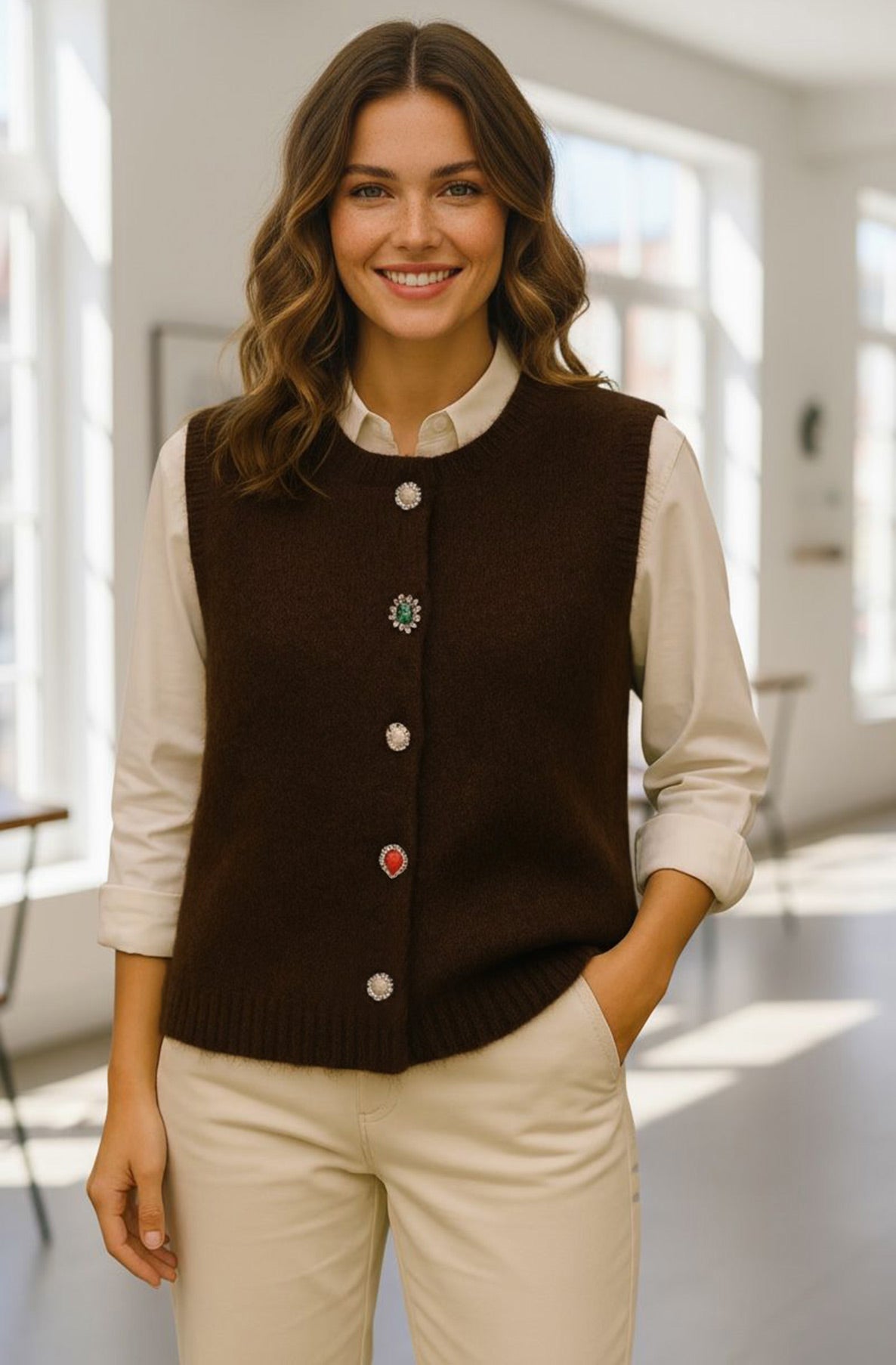Amira Gem Button Cardigan Vest-Dark Brown