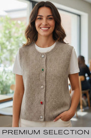 Amira Gem Button Cardigan Vest-Stone