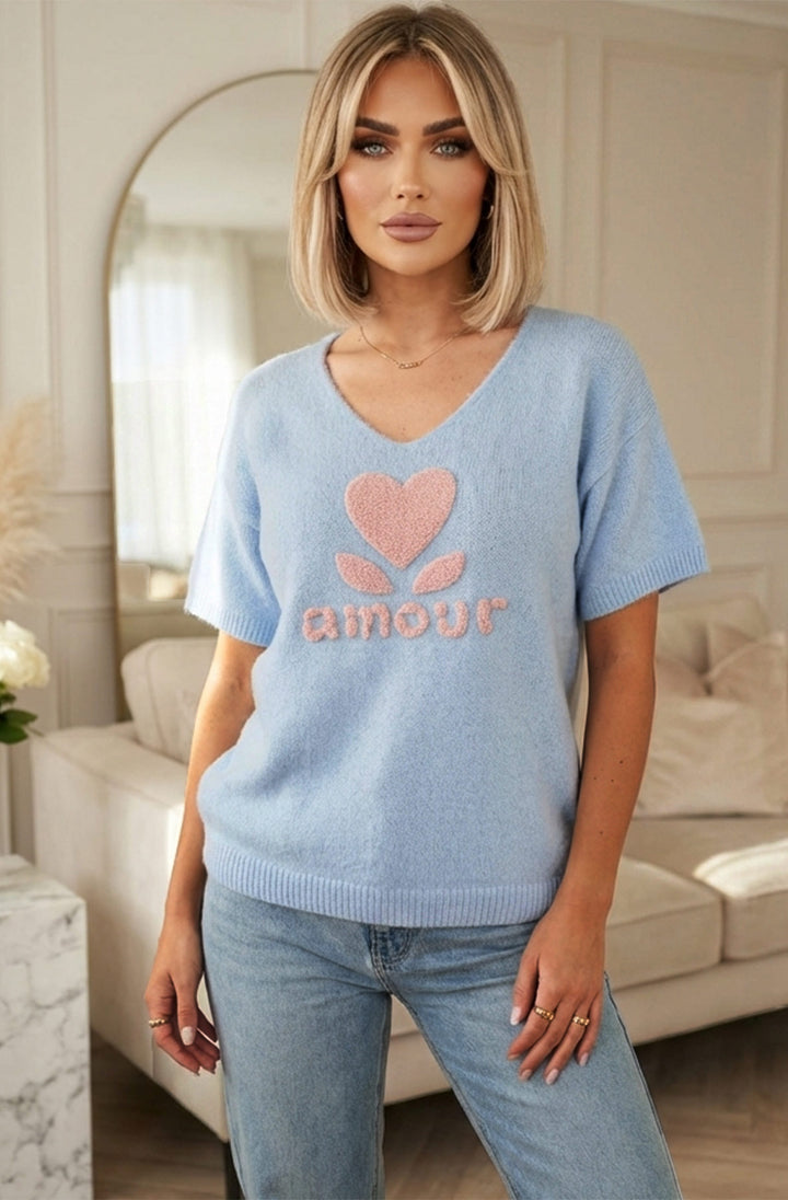 ‘Amour ❤️’ Alpaca Blend V-Neck Light Knitted Jumper Sweater - Blue