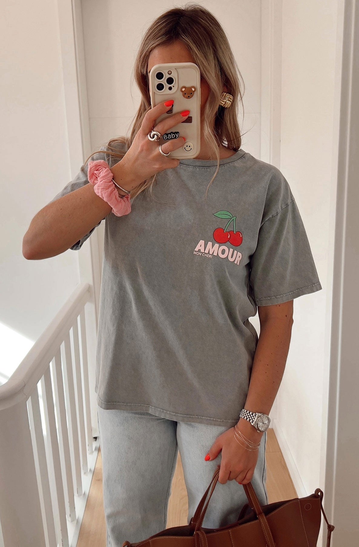 'Amour Cherry' Graphic Printed T-Shirt Top-Grey