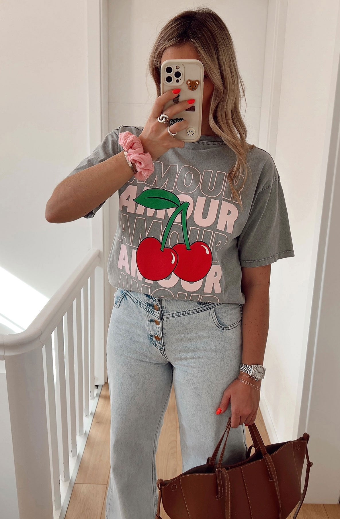 'Amour Cherry' Graphic Printed T-Shirt Top-Grey