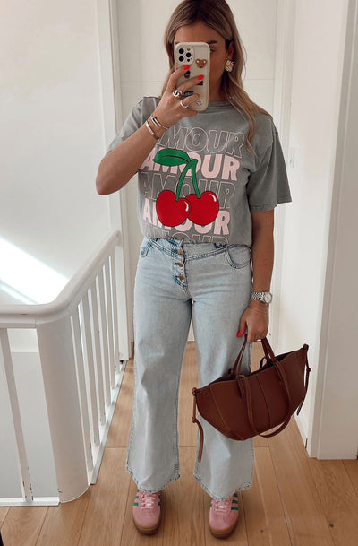 'Amour Cherry' Graphic Printed T-Shirt Top-Grey