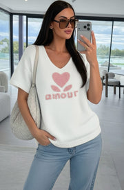 ‘Amour ❤️’ Alpaca Blend V-Neck Light Knitted Jumper Sweater-Ivory