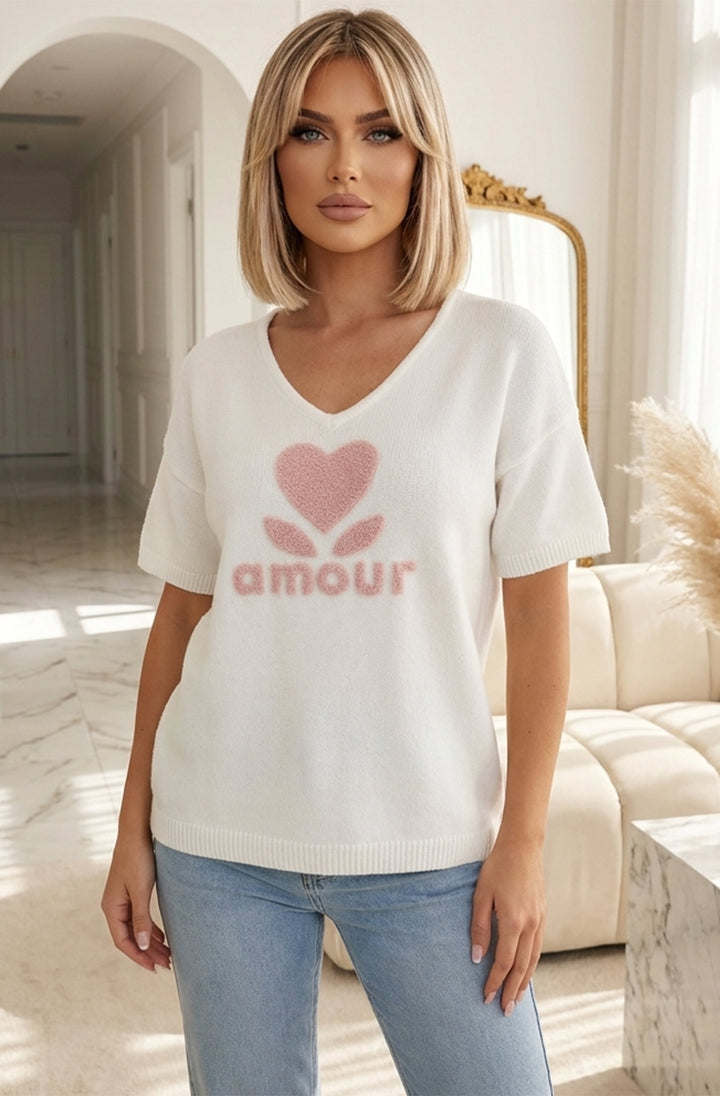 ‘Amour ❤️’ Alpaca Blend V-Neck Light Knitted Jumper Sweater - Ivory