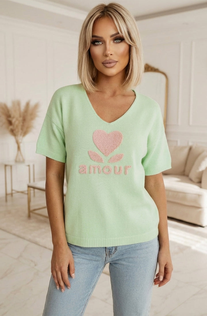 ‘Amour ❤️’ Alpaca Blend V-Neck Light Knitted Jumper Sweater - Mint