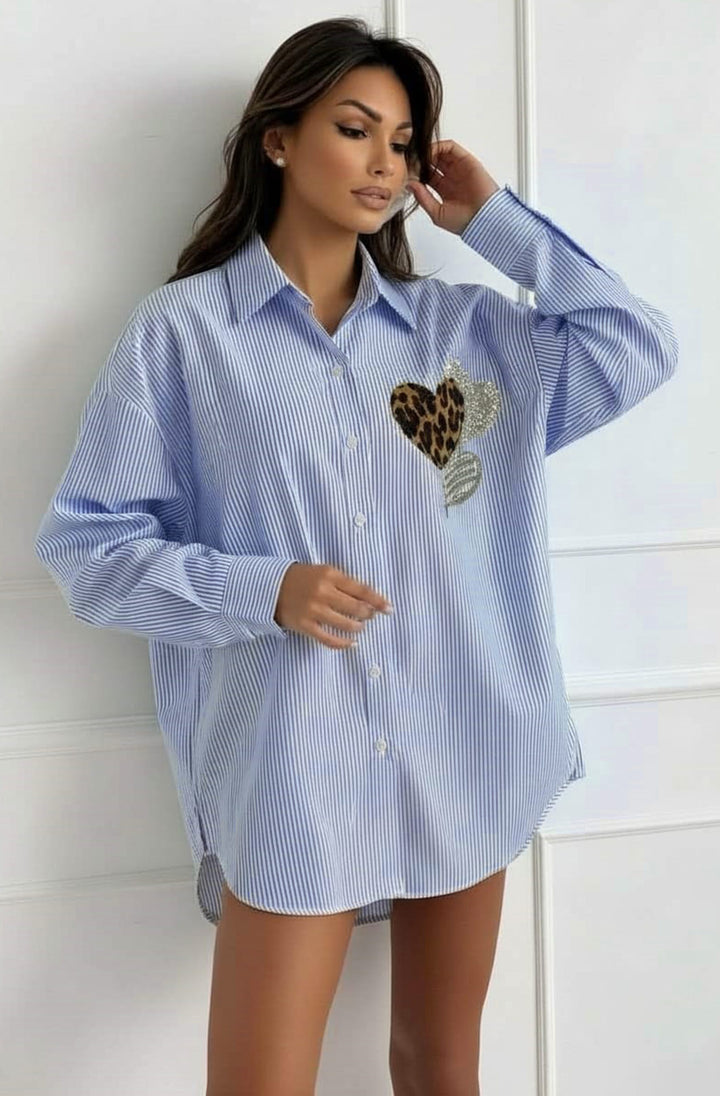Amy Heart Embellishment Oversized Stripe Shirt Top-Blue