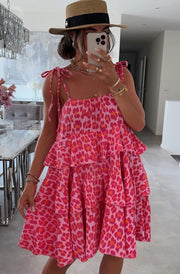 Angela Oversized Leopard Animal Print Tiered Dress-Pink