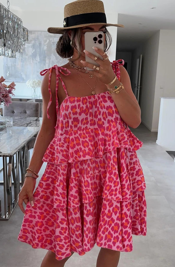 Angela Oversized Leopard Animal Print Tiered Dress-Pink