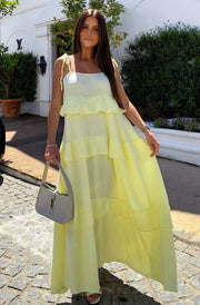 Angela Oversized Plain Tiered Maxi Dress-Yellow