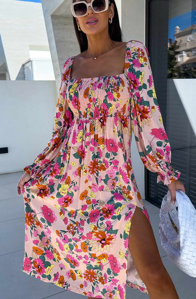 Angelica Shirred Floral Side Slit Midaxi Dress-Multi