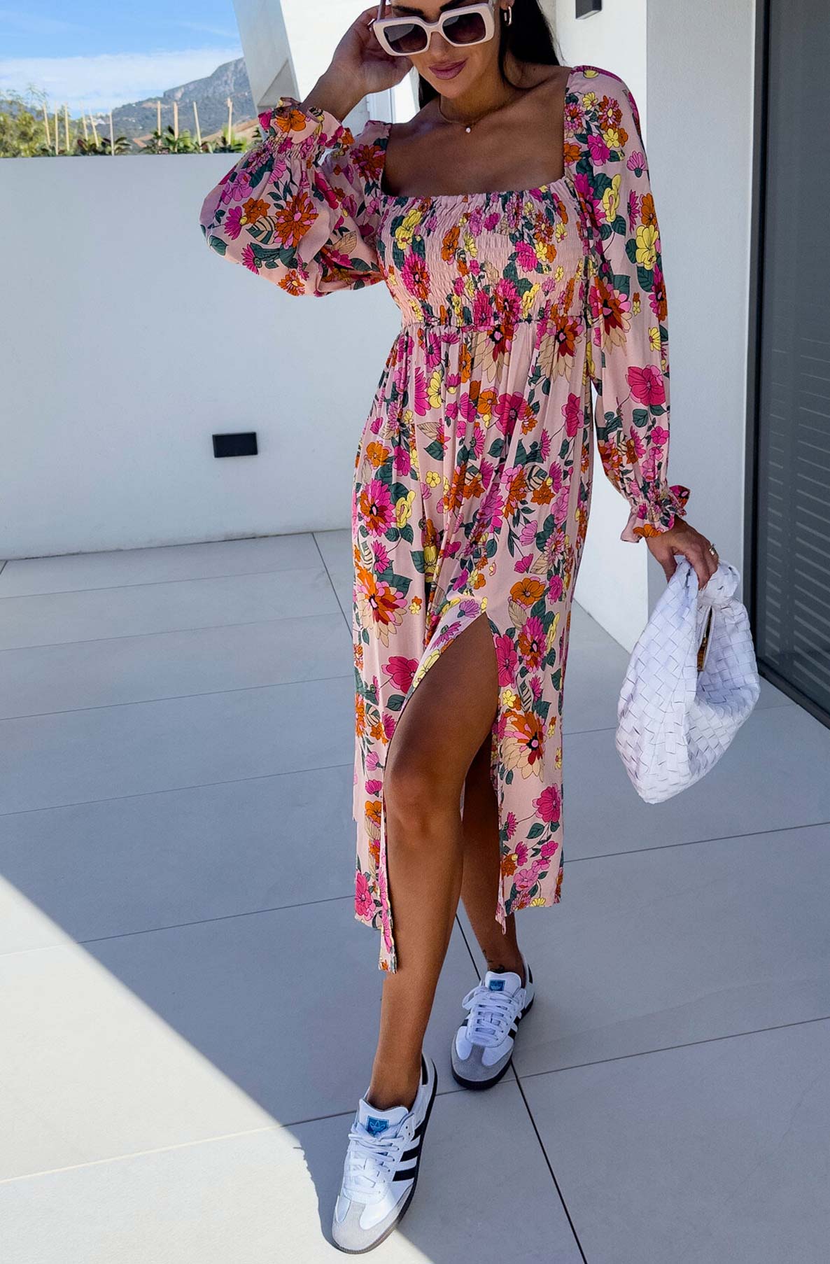 Angelica Shirred Floral Side Slit Midaxi Dress-Multi