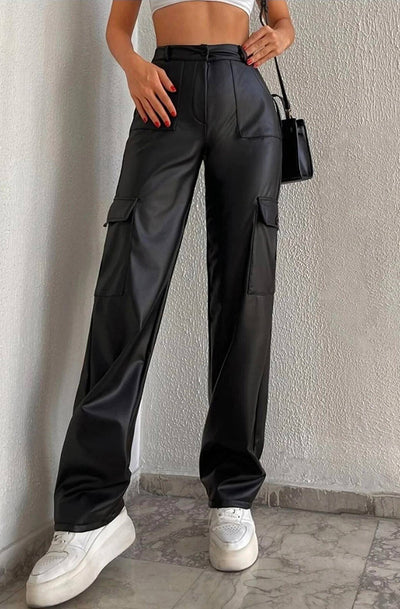 Angie PU Faux Leather Wide Leg Cargo Trousers-Black