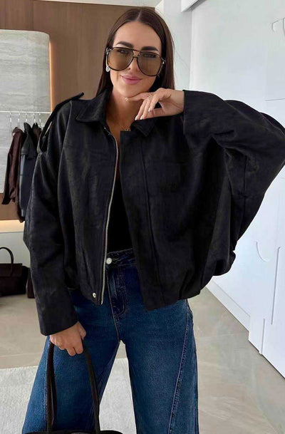 Anika Oversized Suede Bomber Jacket-Black