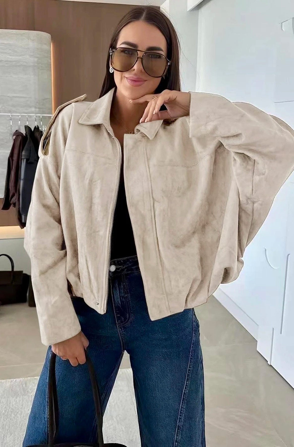 Anika Oversized Suede Bomber Jacket-Cream