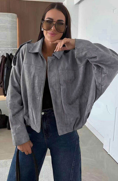 Anika Oversized Suede Bomber Jacket–Grey