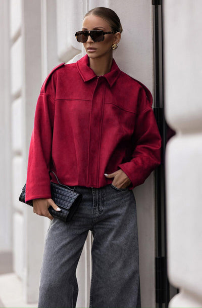Anika Oversized Suede Bomber Jacket–Red