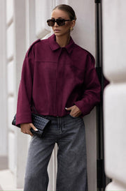 Anika Oversized Suede Bomber Jacket-Wine