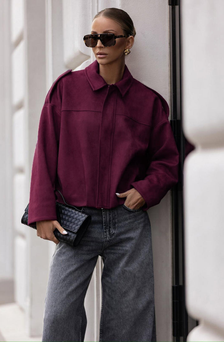 Anika Oversized Suede Bomber Jacket-Wine
