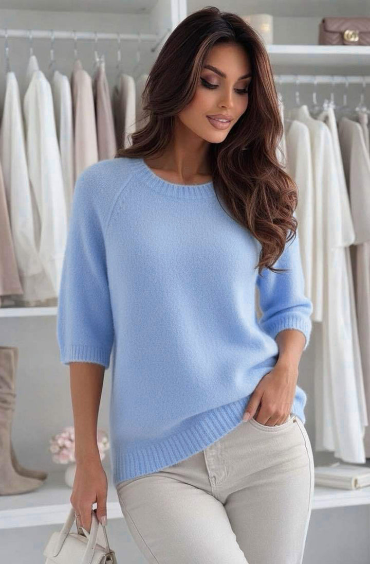 Anira Alpaca Blend Crew Neck Lightweight Jumper Sweater - Blue