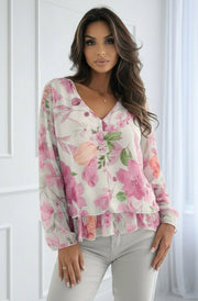 Anisha Floral V-Neck Frill Layered Chiffon Blouse-Pink
