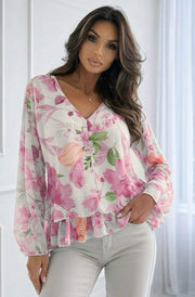 Anisha Floral V-Neck Frill Layered Chiffon Blouse-Pink