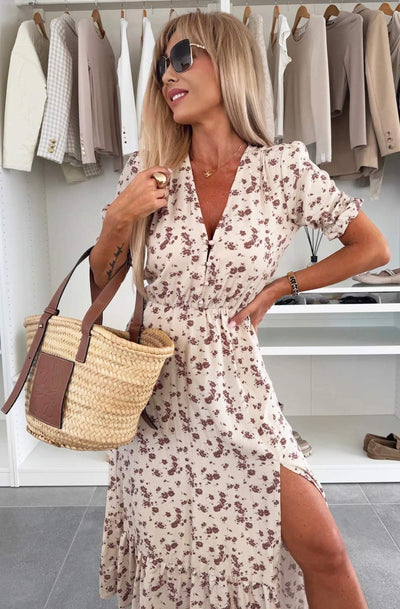 Anna Floral Side Slit Midaxi Dress-Cream