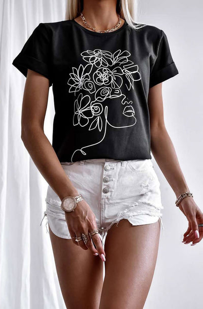 April 'Floral Face' Abstract Print T-Shirt-Black