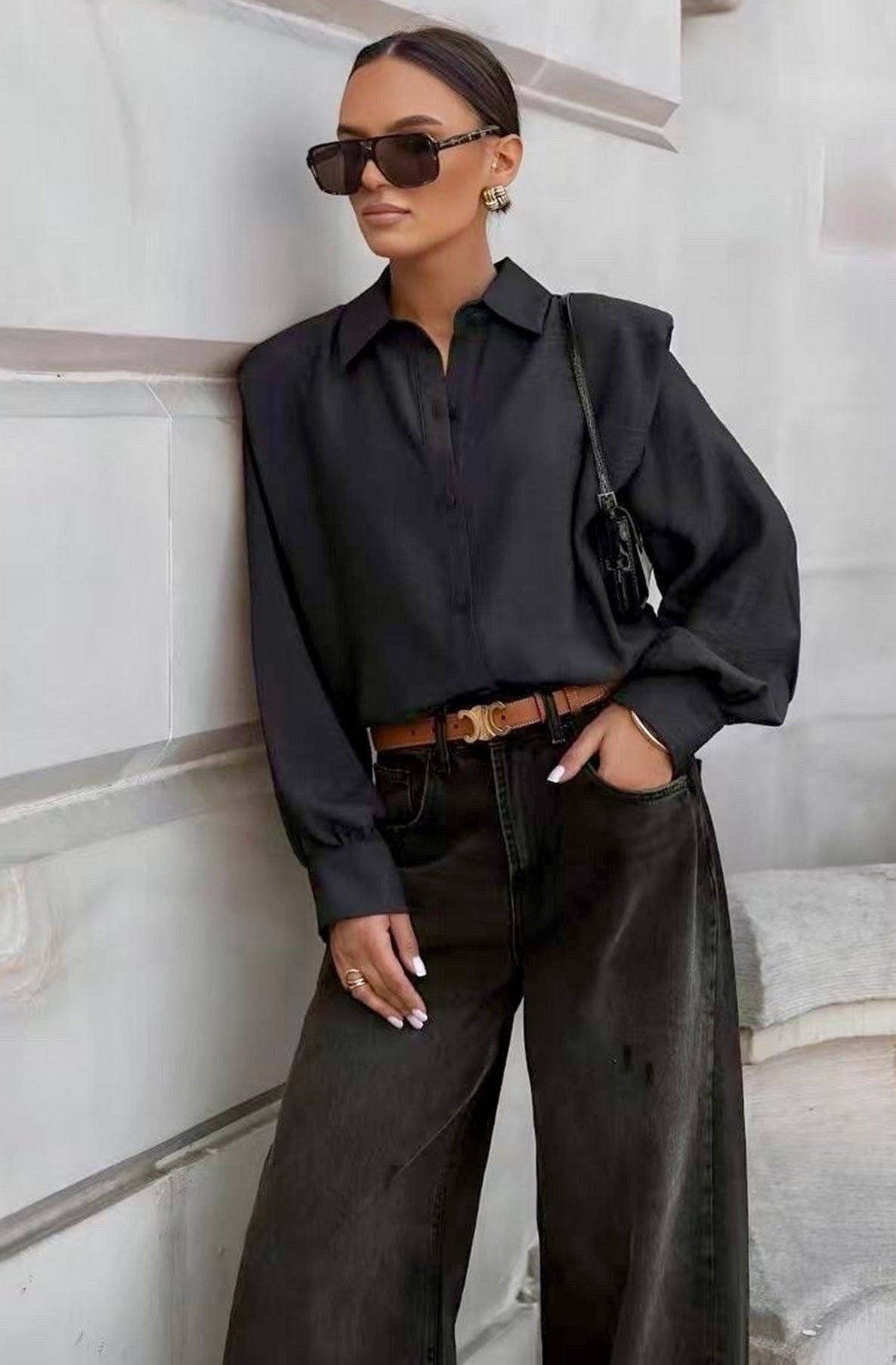 Arietta Padded Shoulders Panel Shirt Blouse-Black