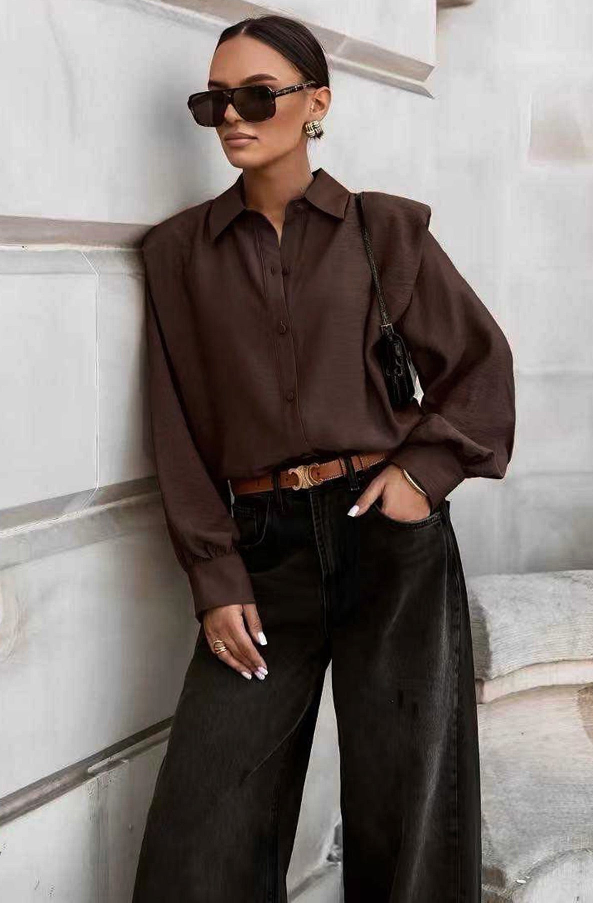 Arietta Padded Shoulders Panel Shirt Blouse-Brown