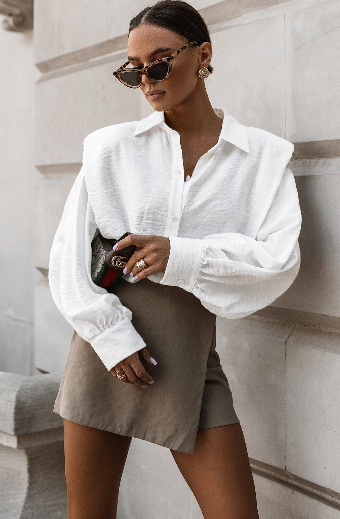 Arietta Padded Shoulders Panel Shirt Blouse-Ivory