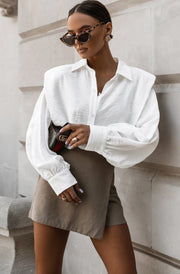 Arietta Padded Shoulders Panel Shirt Blouse-Ivory