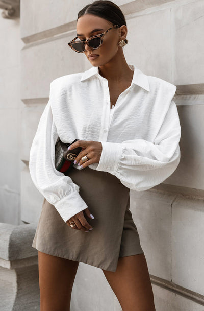 Arietta Padded Shoulders Panel Shirt Blouse-Ivory