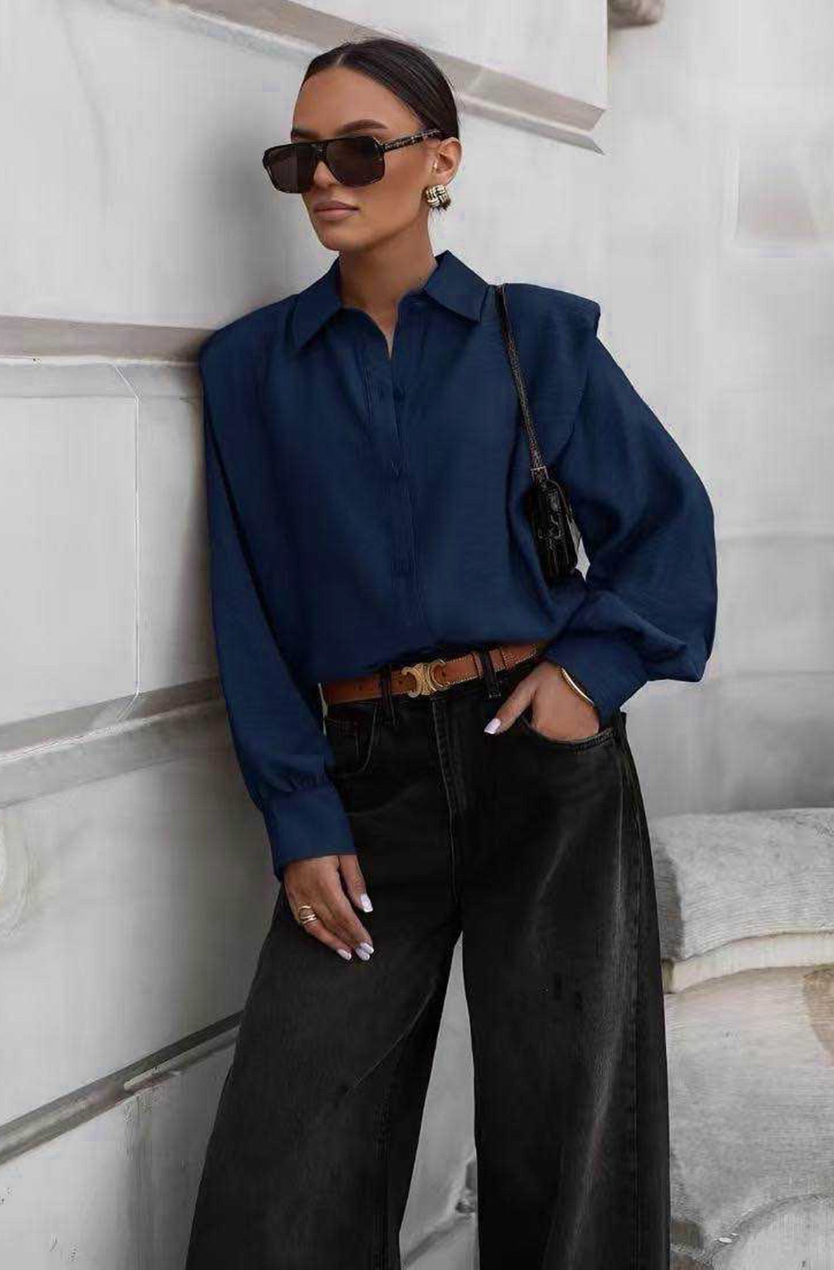 Arietta Padded Shoulders Panel Shirt Blouse-Navy