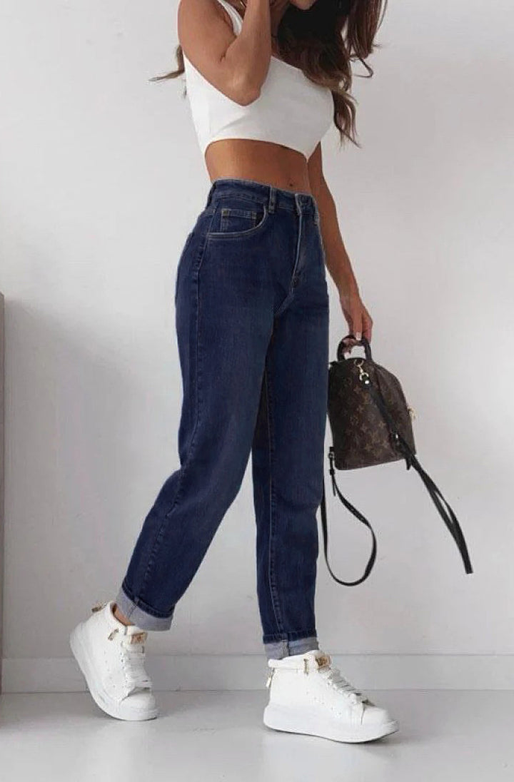 Arina Mom Style Denim Jeans-Dark Blue