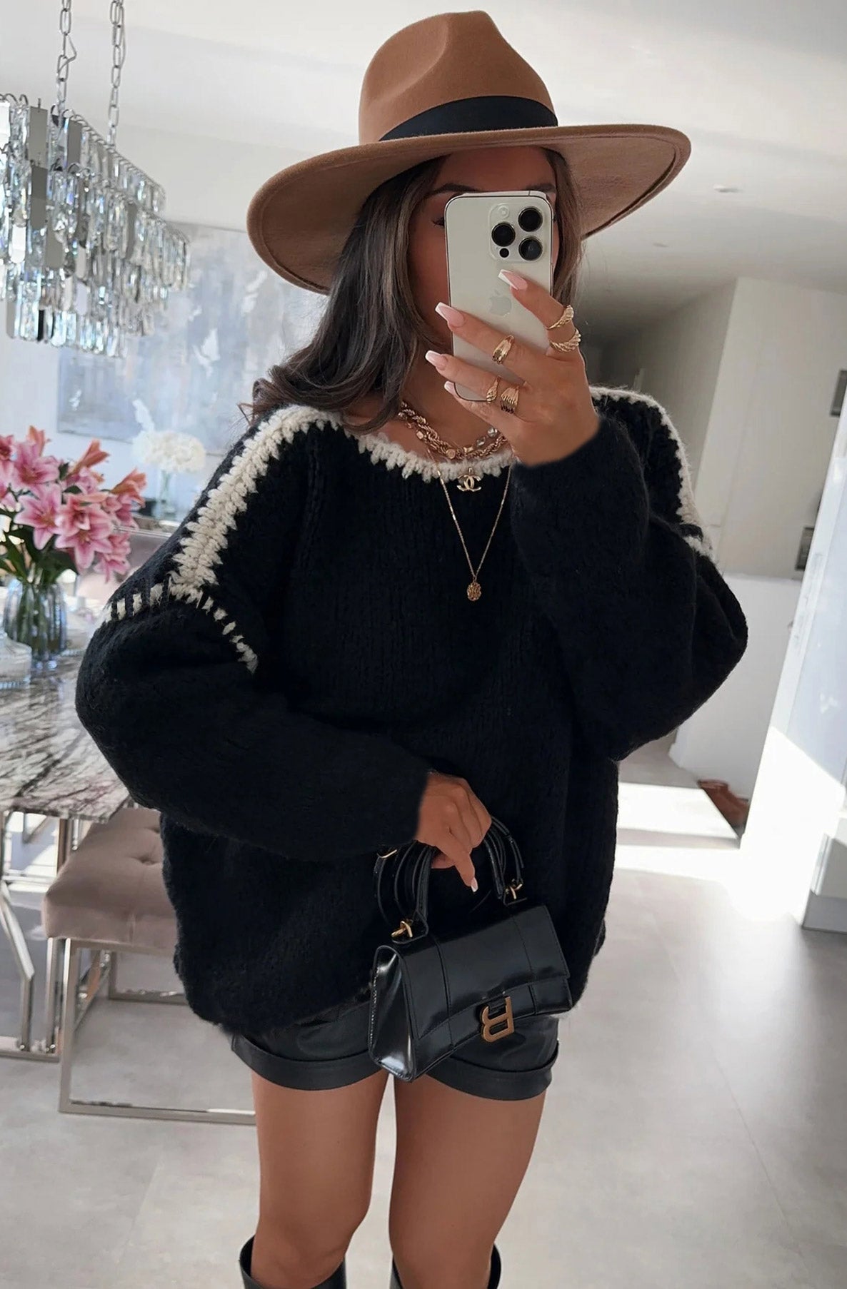 Arlene Contrast Knit Balloon Sleeve Jumper Sweater-Black