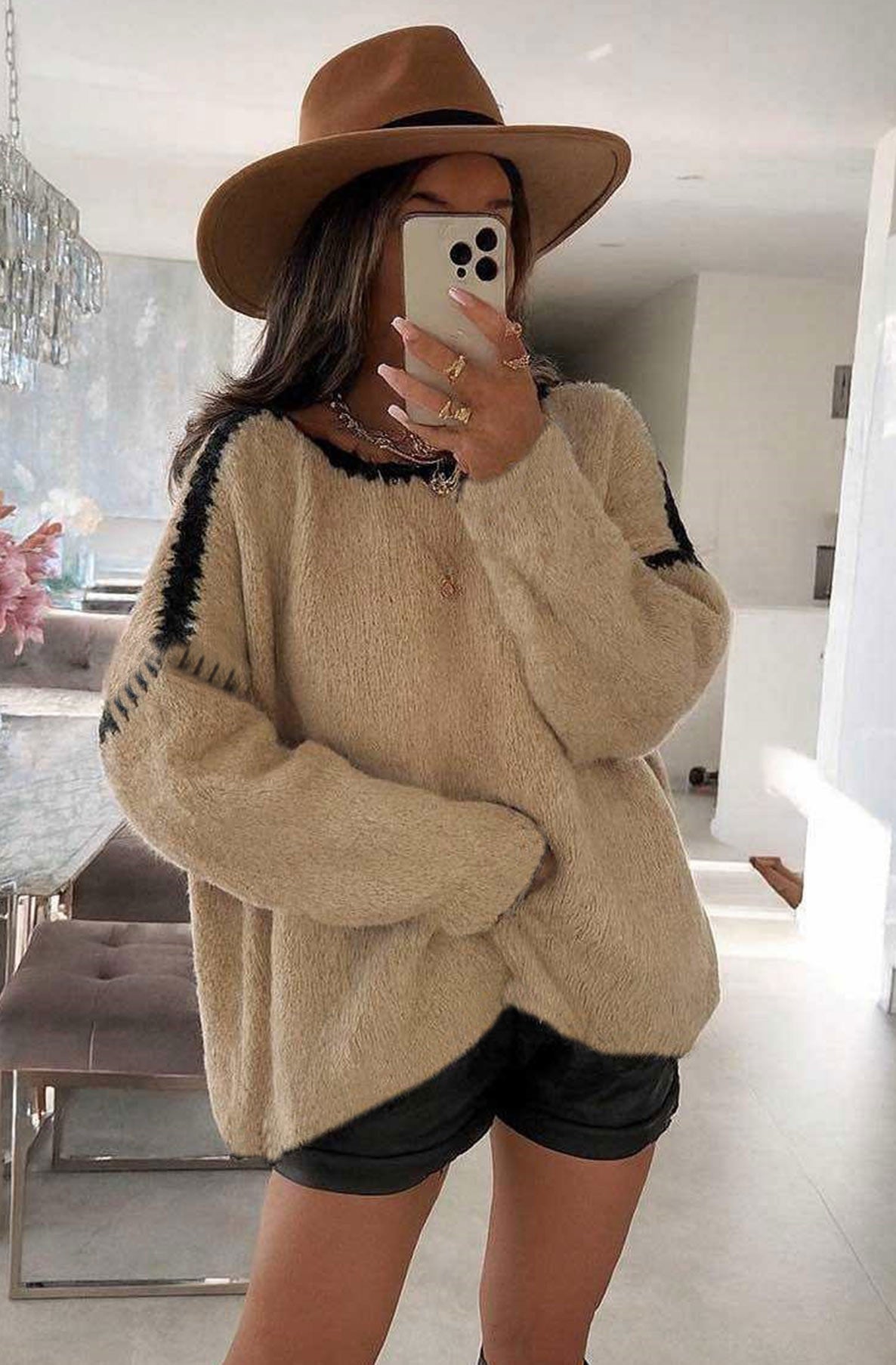 Arlene Contrast Knit Balloon Sleeve Jumper Sweater-Stone