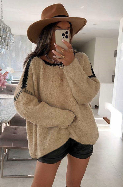 Arlene Contrast Knit Balloon Sleeve Jumper Sweater-Stone