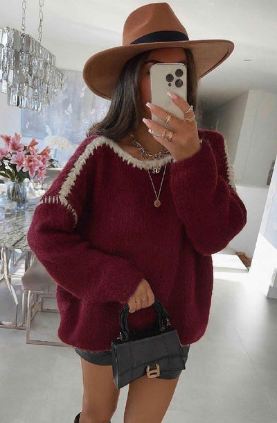 Arlene Contrast Knit Balloon Sleeve Jumper Sweater-Wine