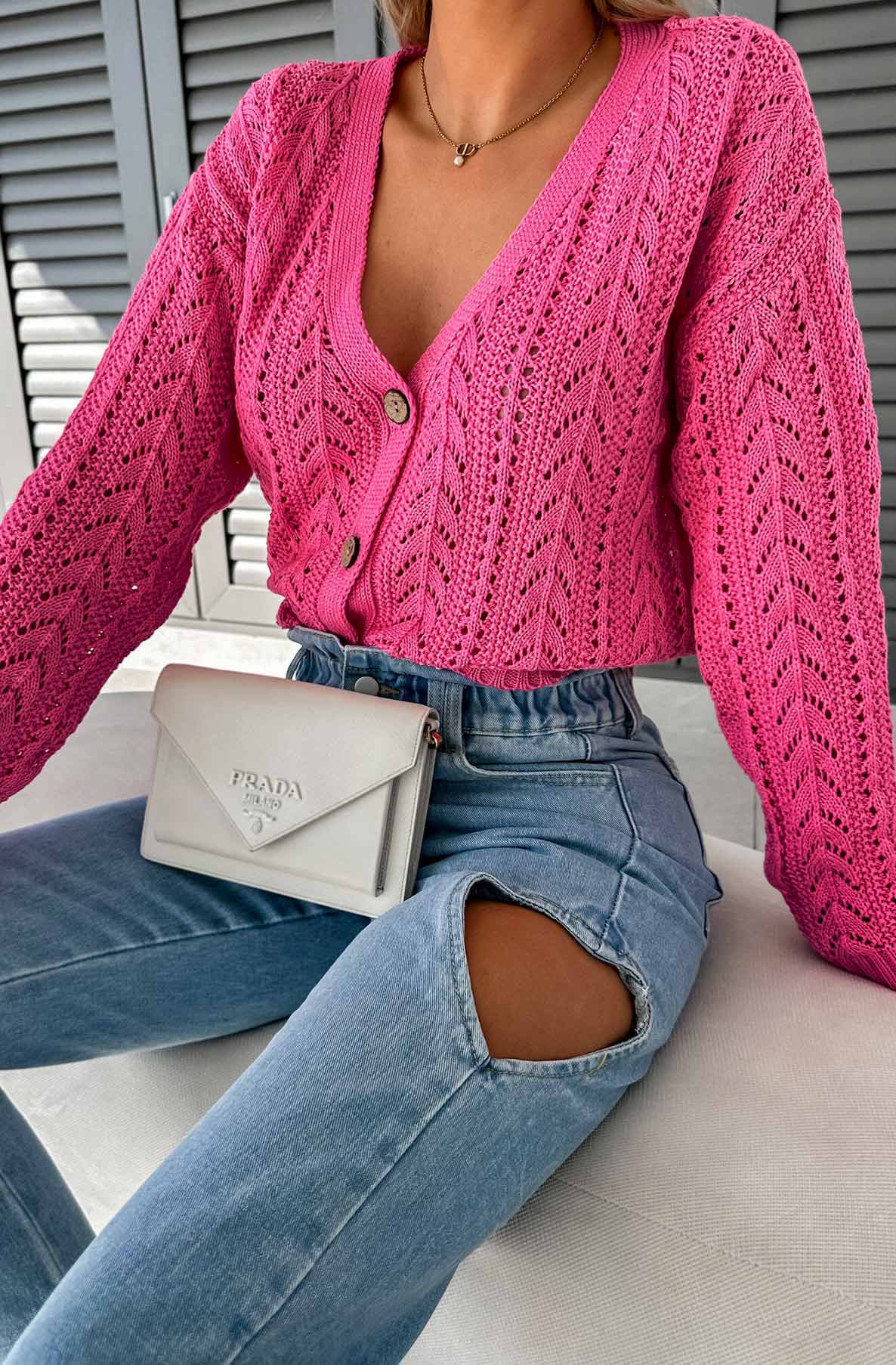 Arlina Crochet Knitted Light Wear Cardigan-Hot Pink