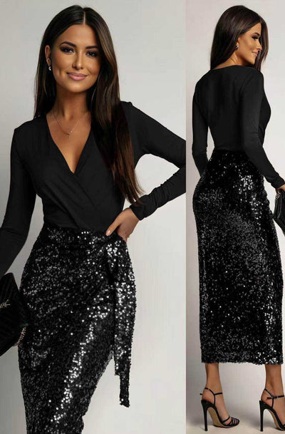 Aureline Sequin Wrap Long Sleeve Midi Dress-Black