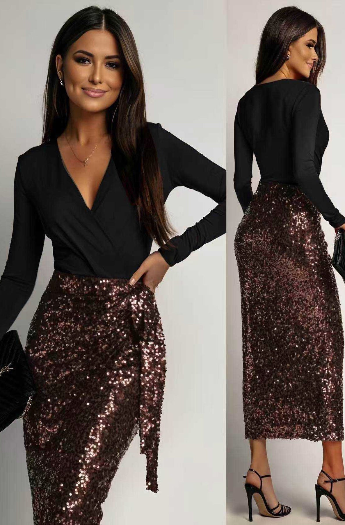 Aureline Sequin Wrap Long Sleeve Midi Dress-Brown