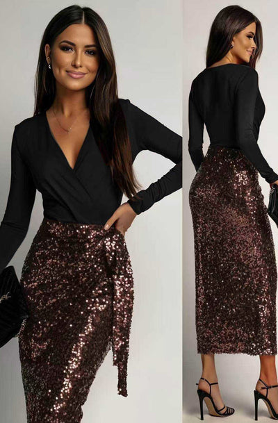 Aureline Sequin Wrap Long Sleeve Midi Dress-Brown