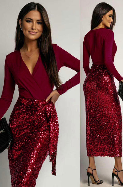 Aureline Sequin Wrap Long Sleeve Midi Dress-Wine