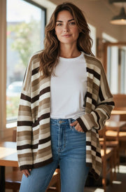 Aurora Striped Knitted Open Cardigan-Brown