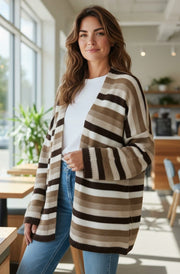 Aurora Striped Knitted Open Cardigan-Brown